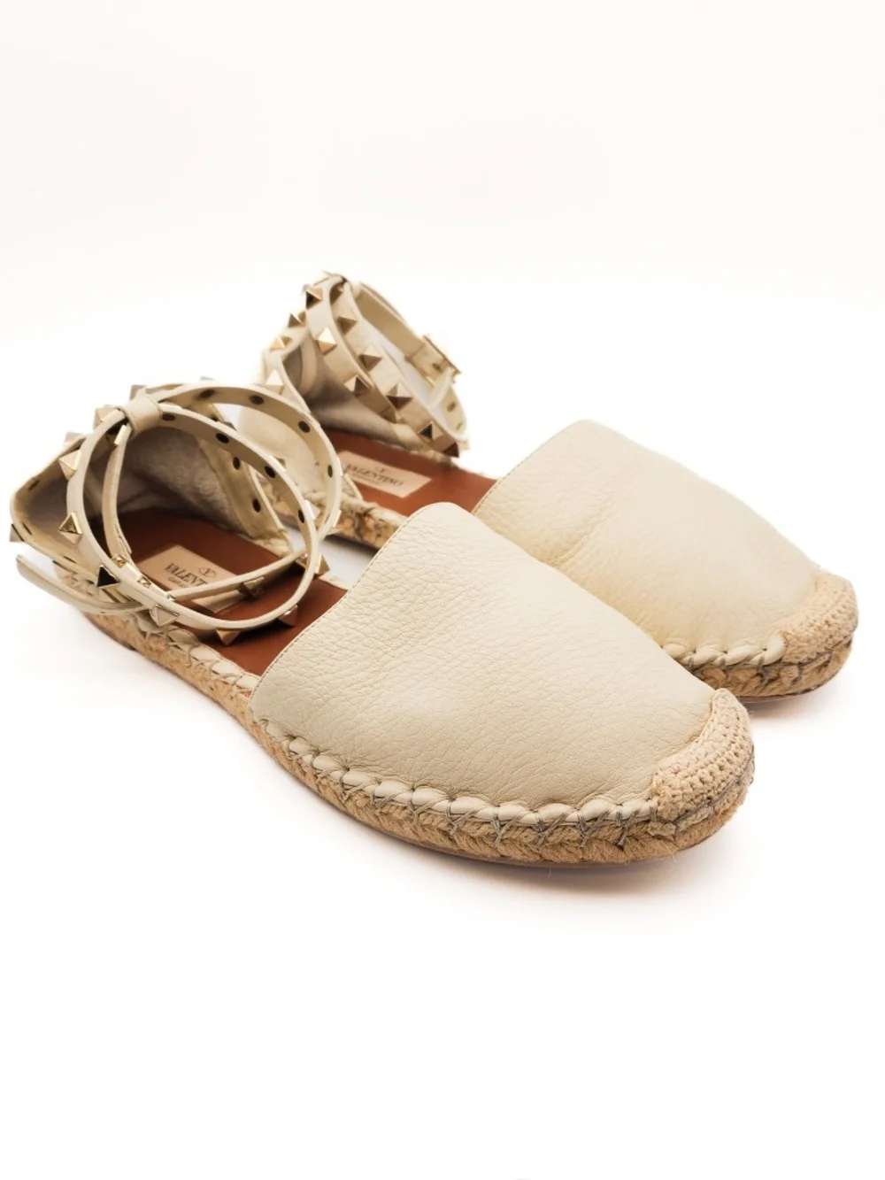 Valentino Garavani Rockstud Ivory Leather Espadrille Ankle Strap Flats EU 39